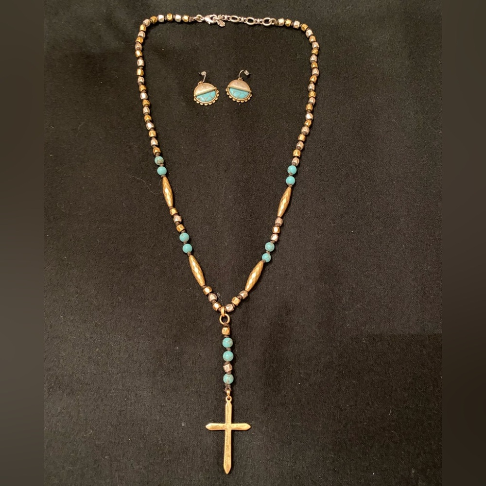 LUCKY BRAND BEADED CROSS NECKLACE AND EARRINGS